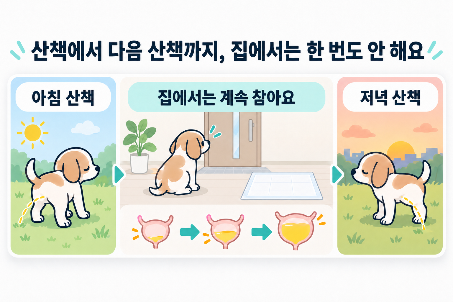 아침 산책부터 저녁 산책까지 집에서는 계속 참고 있는 강아지. 방광이 조금씩 부풀어 오른다.