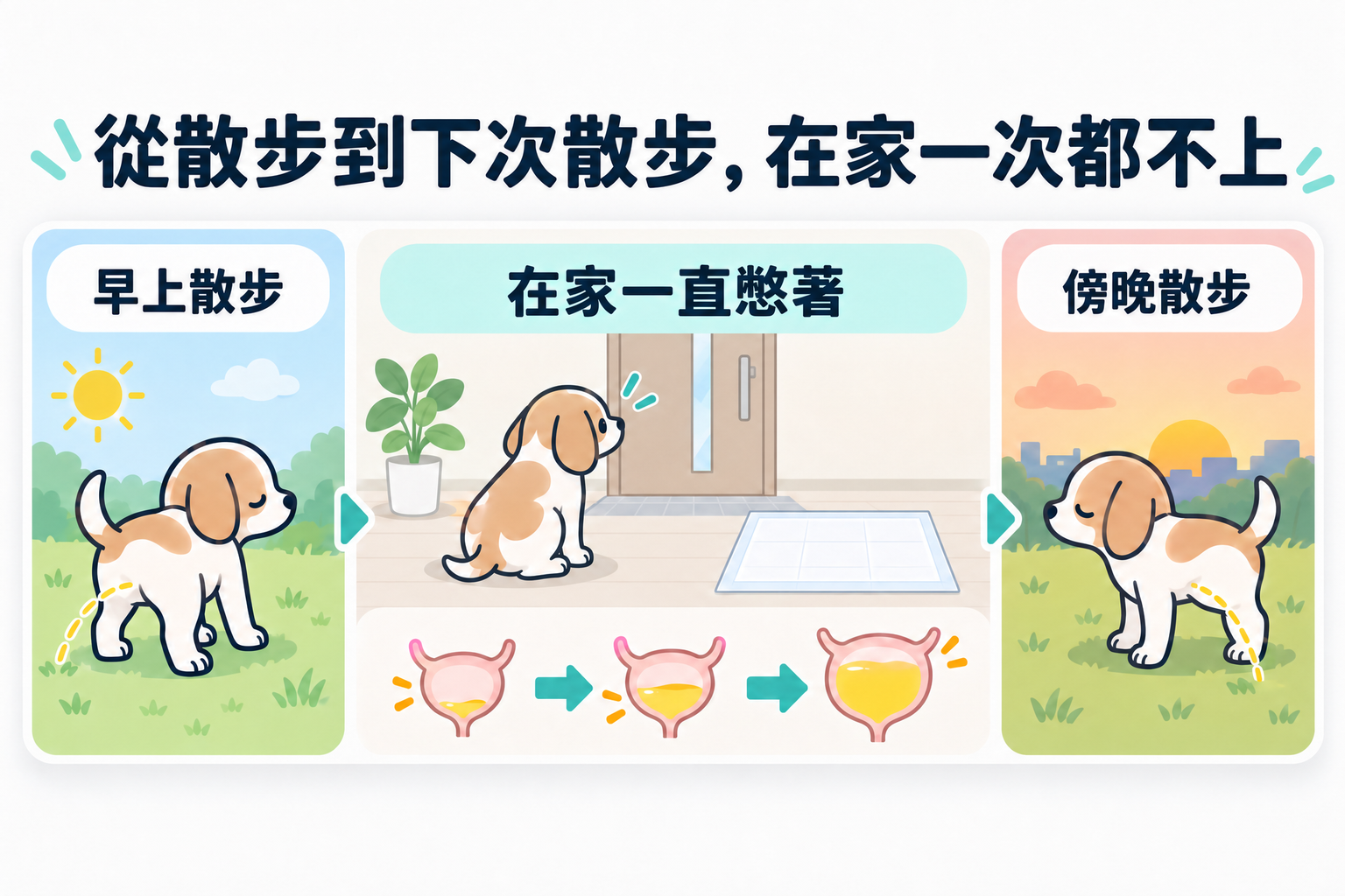 從早上散步到傍晚散步，在家一直忍著的幼犬。膀胱一點一點脹大。