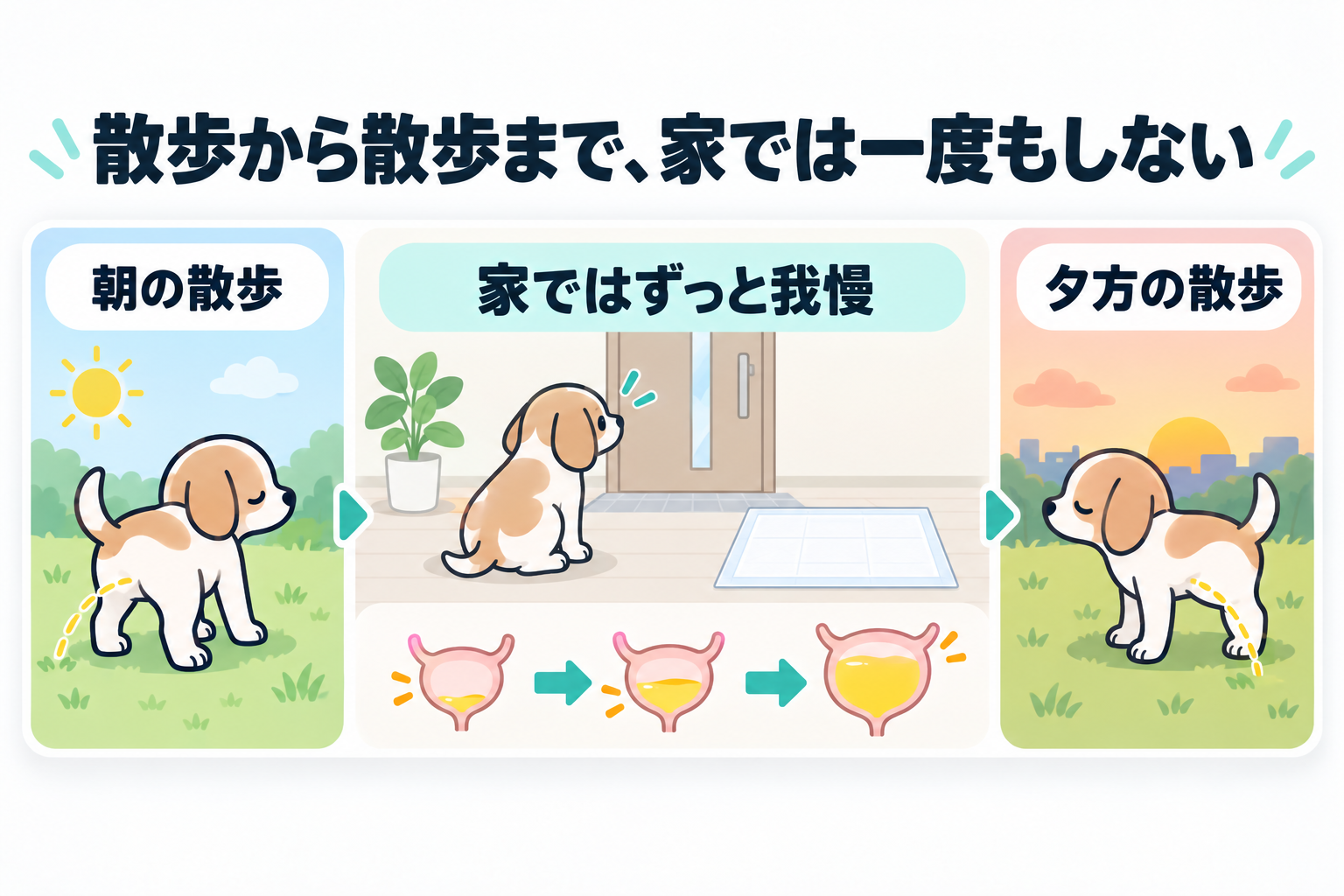 朝の散歩から夕方の散歩まで、家ではずっと我慢している子犬。膀胱が少しずつふくらむ。
