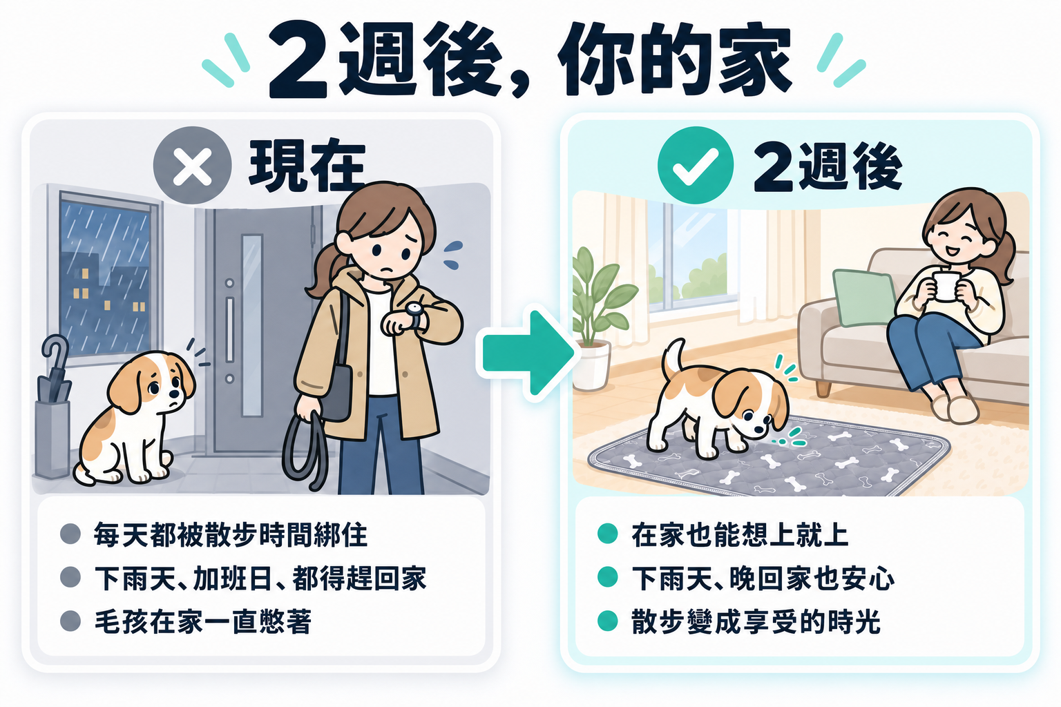 現在被散步時間綁住，下雨天也要趕著回家，毛孩在家一直忍著。2週後，在家想尿就能尿，下雨天或晚回家的日子也安心，散步變成享受的時光。