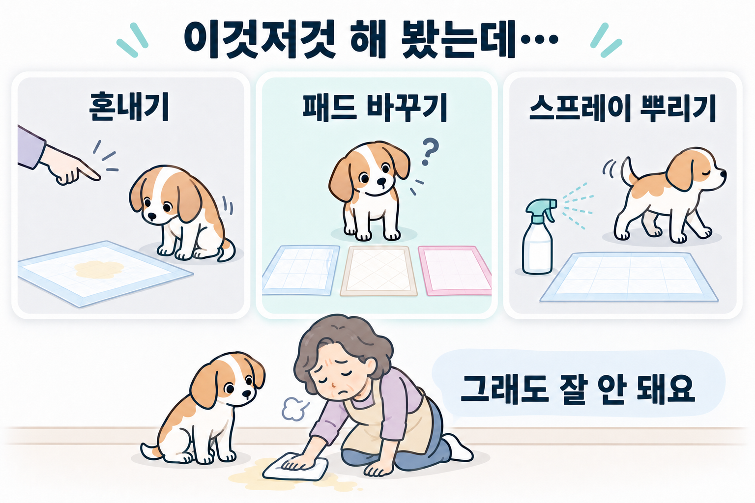 이것저것 해 봤는데. 혼내기, 배변패드 바꾸기, 스프레이 뿌리기. 그래도 잘되지 않는다.