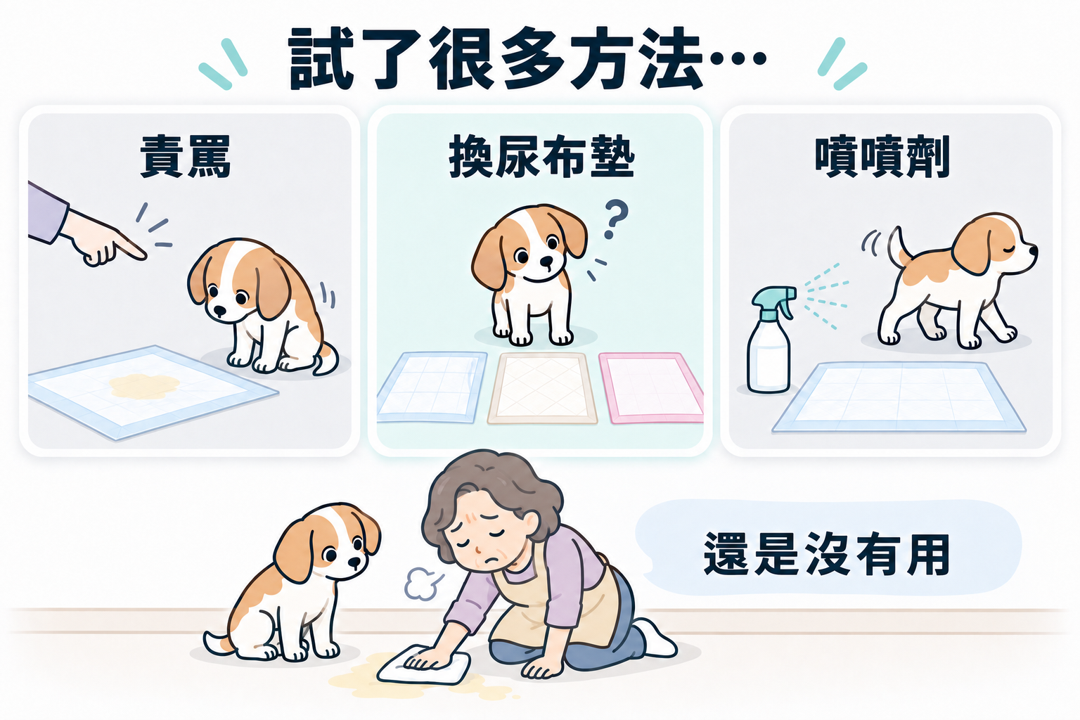 明明試了很多方法。責罵、換尿布墊、噴噴劑。還是不順利。