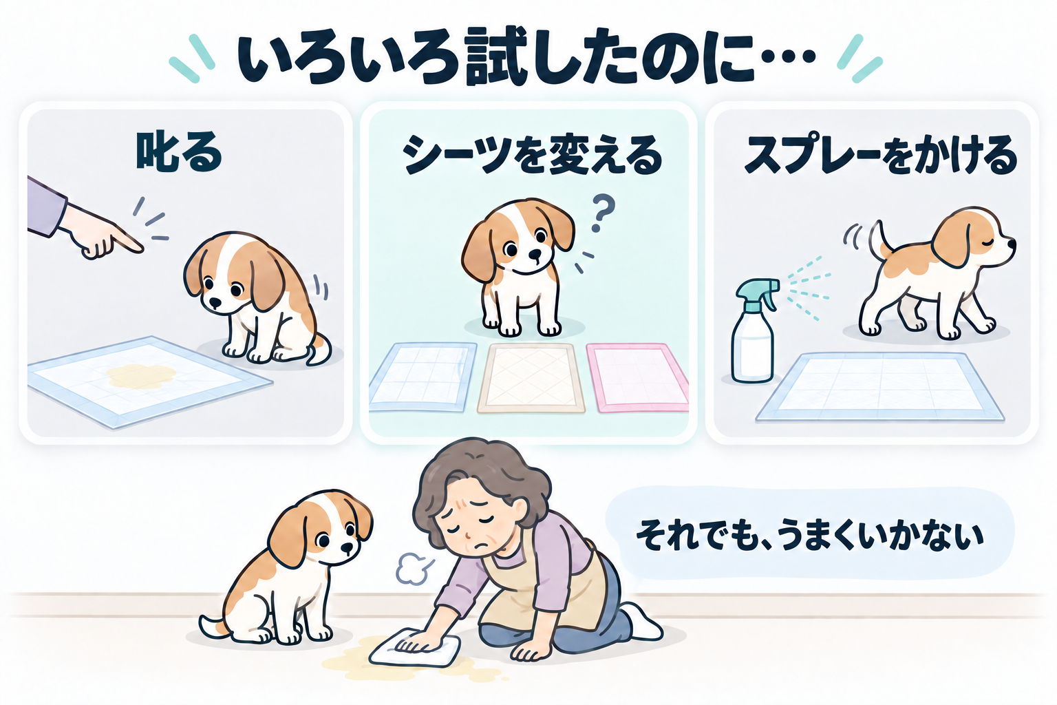 いろいろ試したのに。叱る、シーツを変える、スプレーをかける。それでもうまくいかない。