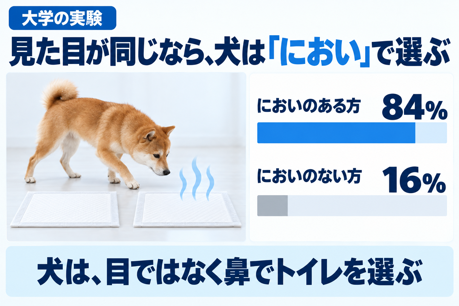 大学の実験。見た目が同じなら犬はにおいで選ぶ。においのある方84%、においのない方16%。