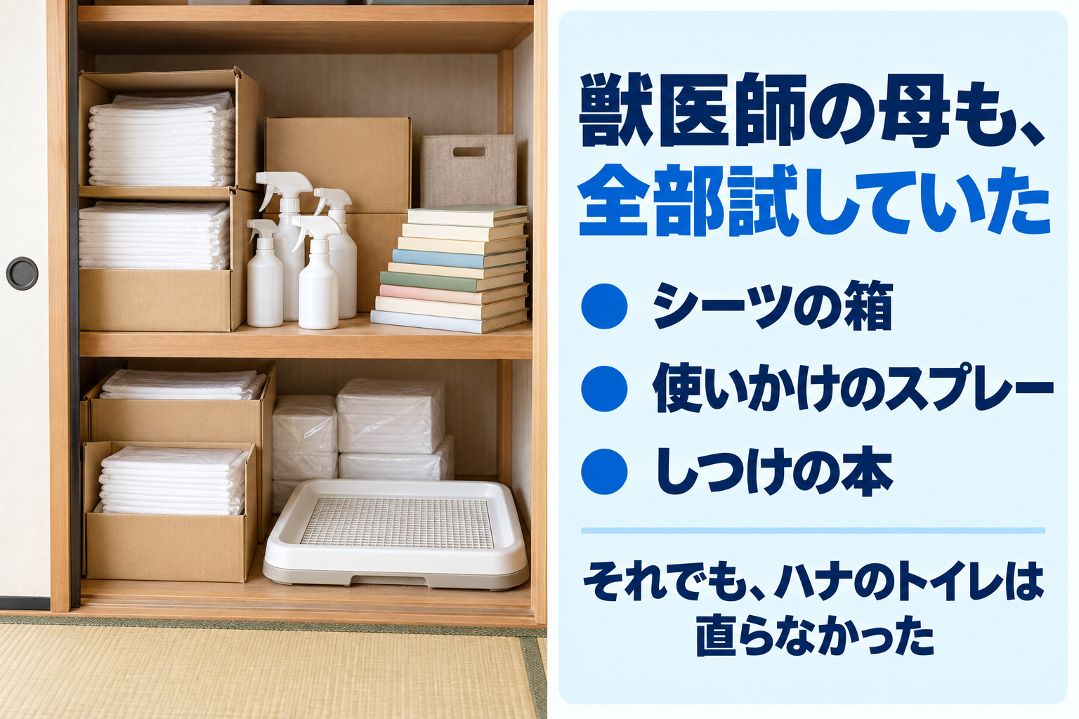 獣医師の母も全部試していた。シーツの箱、使いかけのスプレー、しつけの本。それでもハナのトイレは直らなかった。