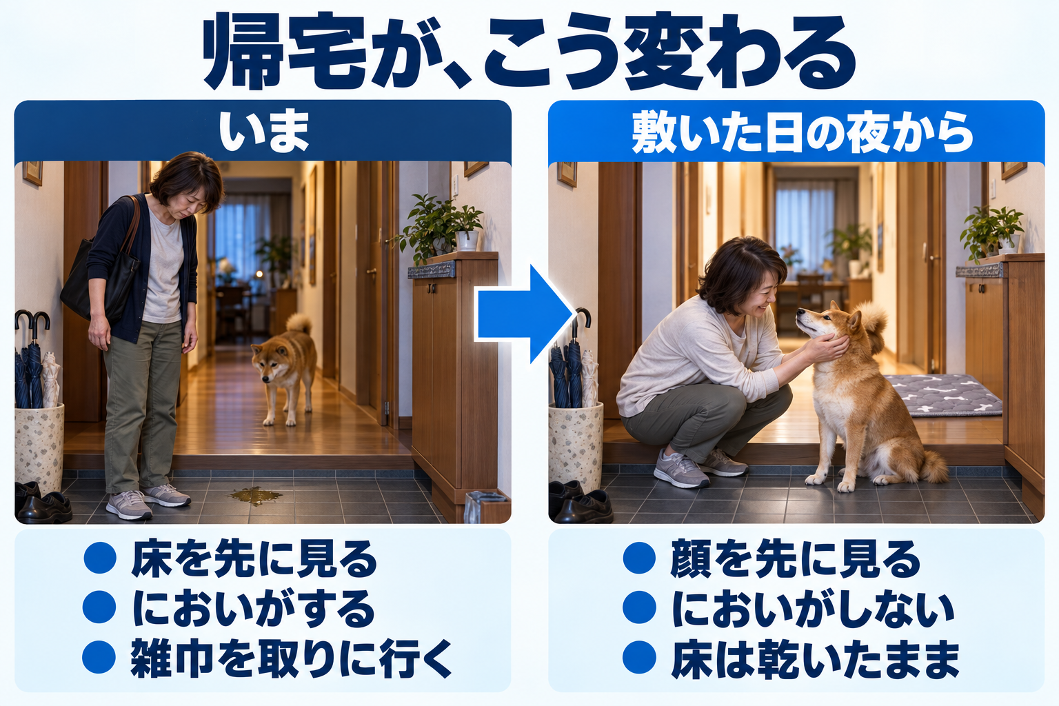 帰宅がこう変わる。いまは床を先に見て、においがして、雑巾を取りに行く。敷いた日の夜からは顔を先に見て、においがせず、床は乾いたまま。