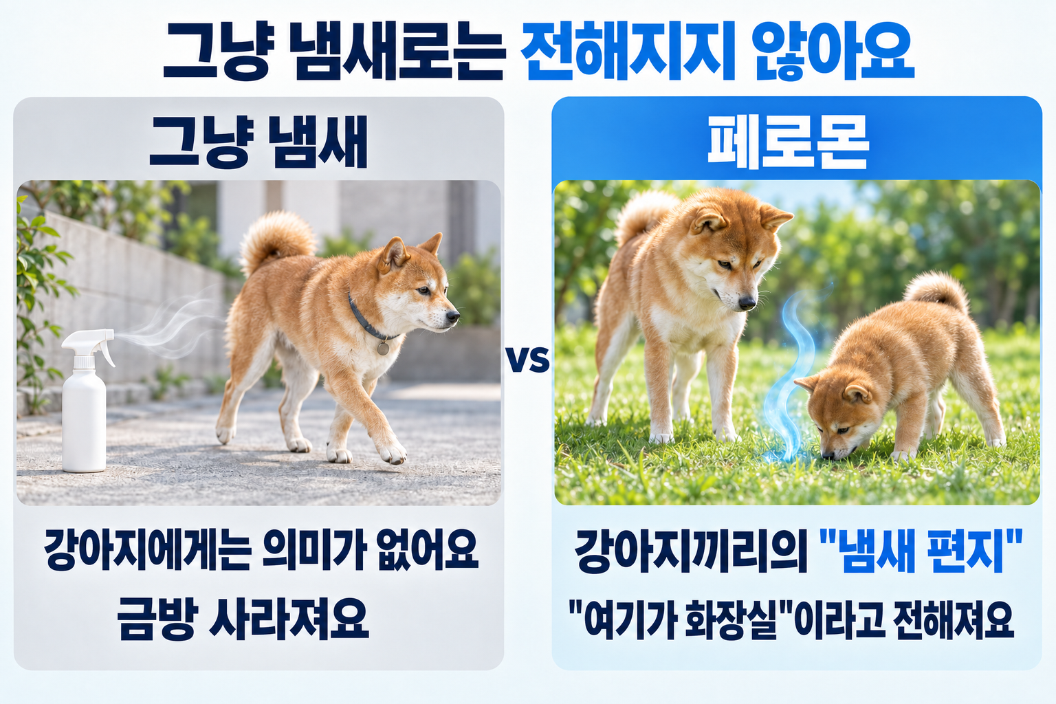 그냥 냄새로는 전해지지 않는다. 그냥 냄새는 강아지에게 의미가 없고 금방 사라진다. 페로몬은 강아지끼리 주고받는 냄새 편지로, 여기가 화장실이라고 전해진다.