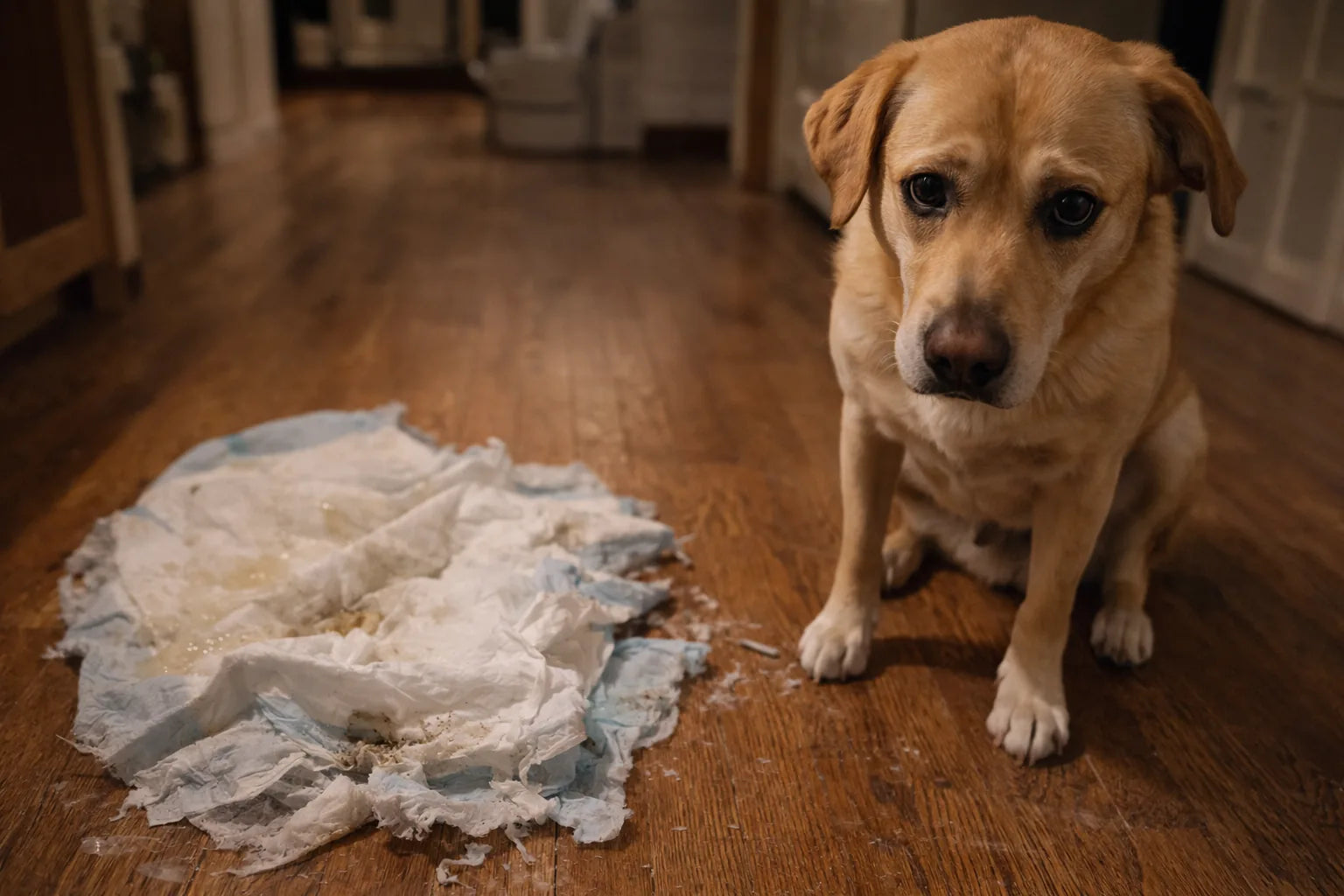 使い捨てシートのそばにいる犬