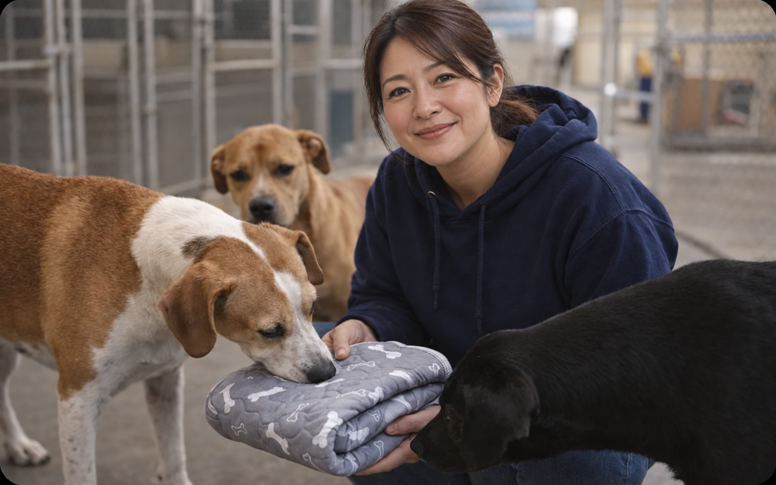 犬たちと一緒にワンドライを持つ森川さやか